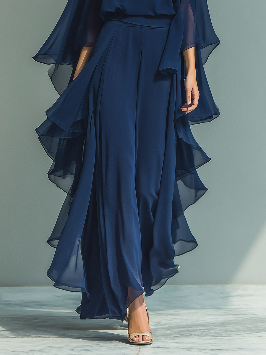 Merja - Merensininen chiffon-setti kauniilla rypytyksillä