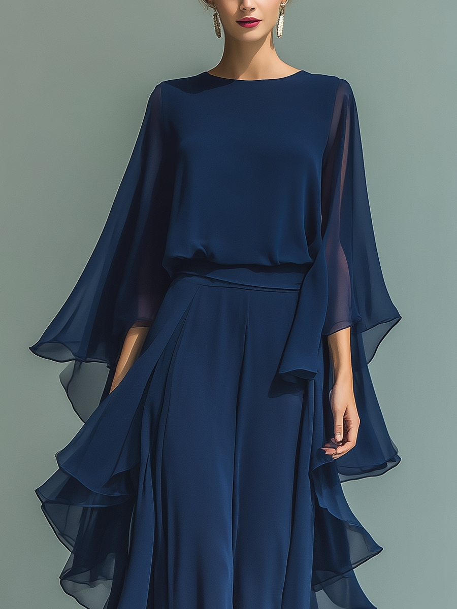 Merja - Merensininen chiffon-setti kauniilla rypytyksillä