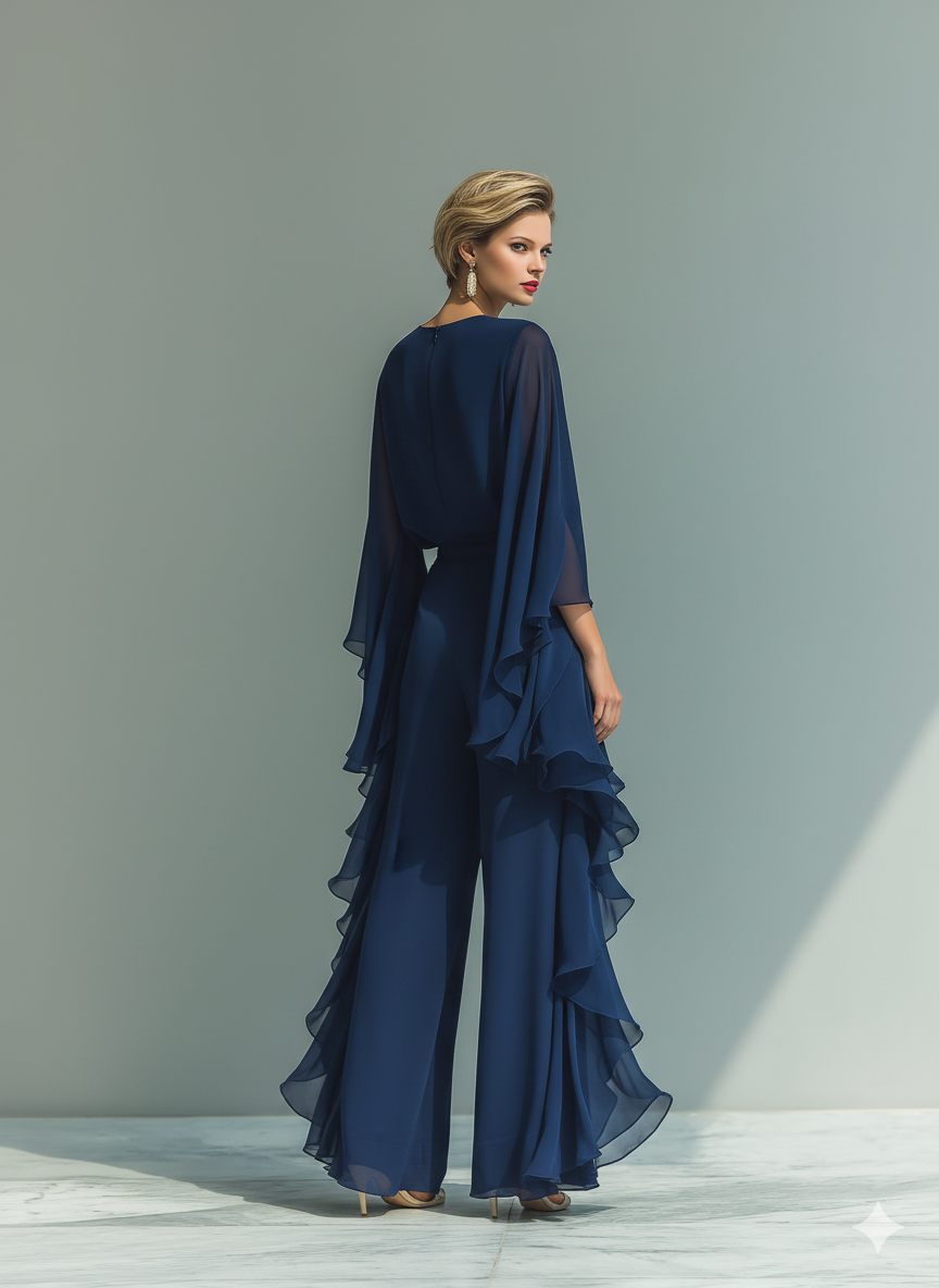 Merja - Merensininen chiffon-setti kauniilla rypytyksillä