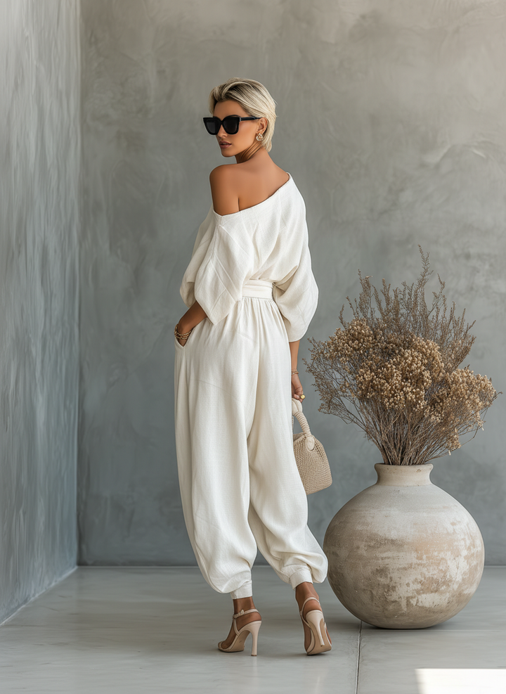 Ritva - Pellavapuku off-shoulder-housuilla