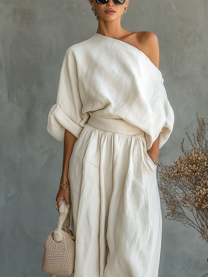 Ritva - Pellavapuku off-shoulder-housuilla