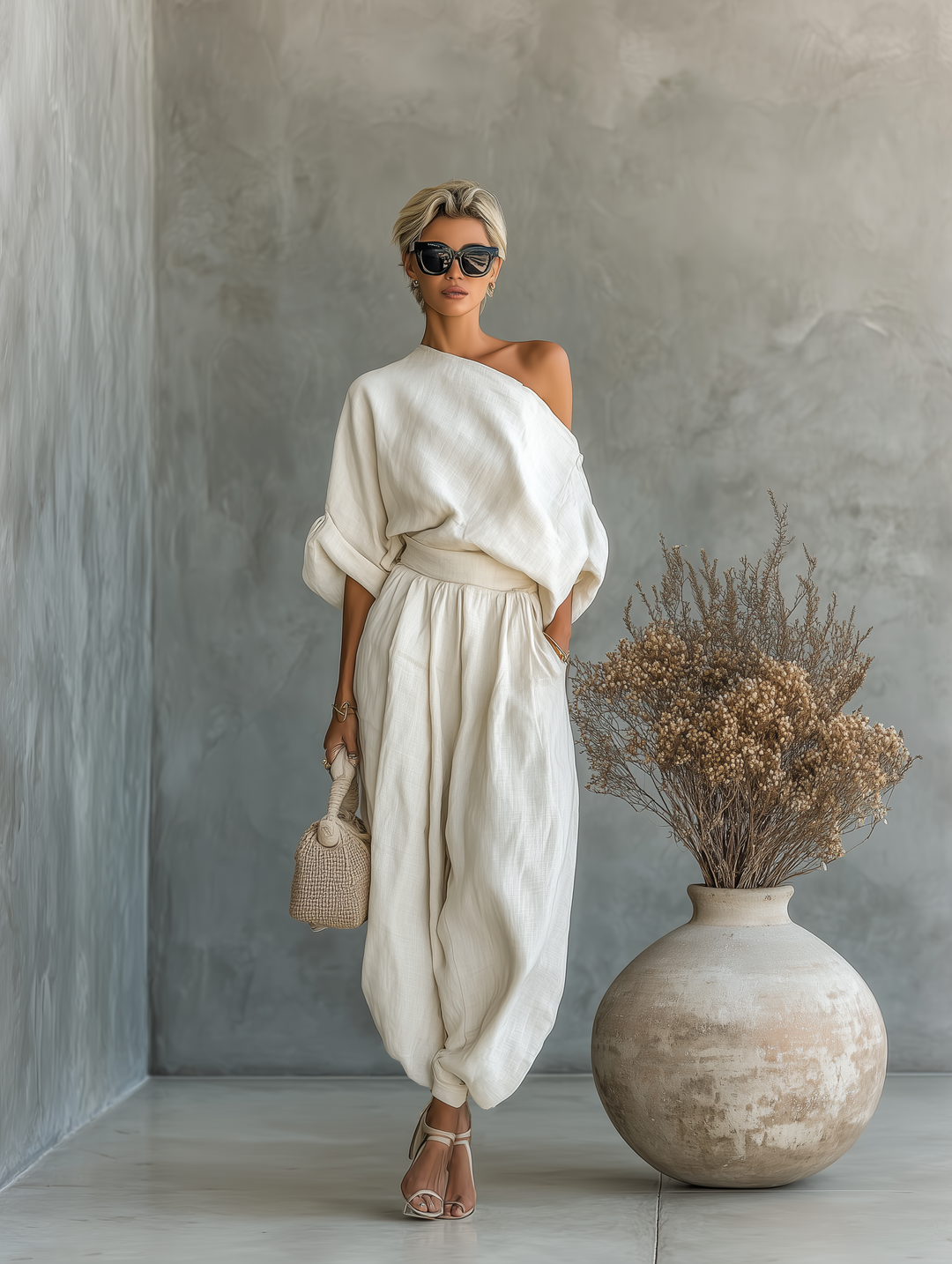 Ritva - Pellavapuku off-shoulder-housuilla