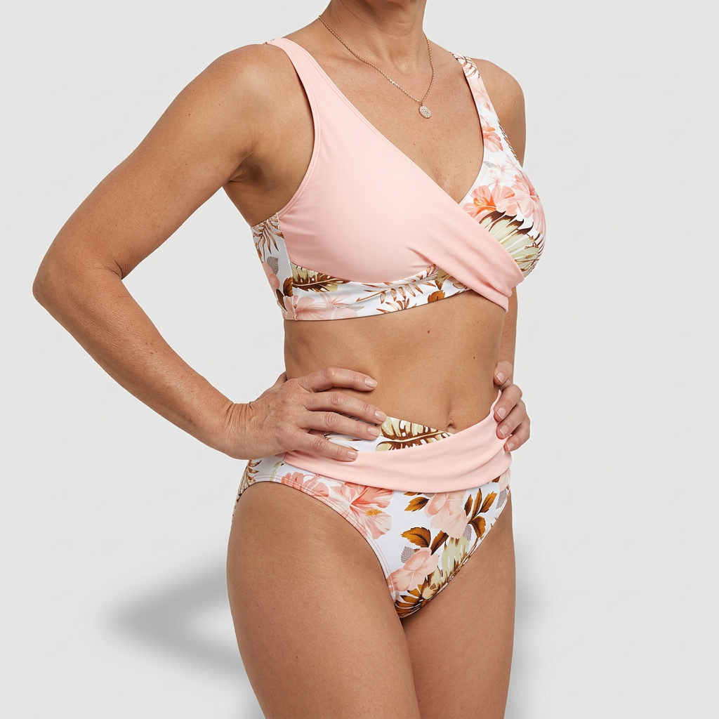 Kukka - Bikini kukallisella kuviolla ja kontrastisella leikkauksella