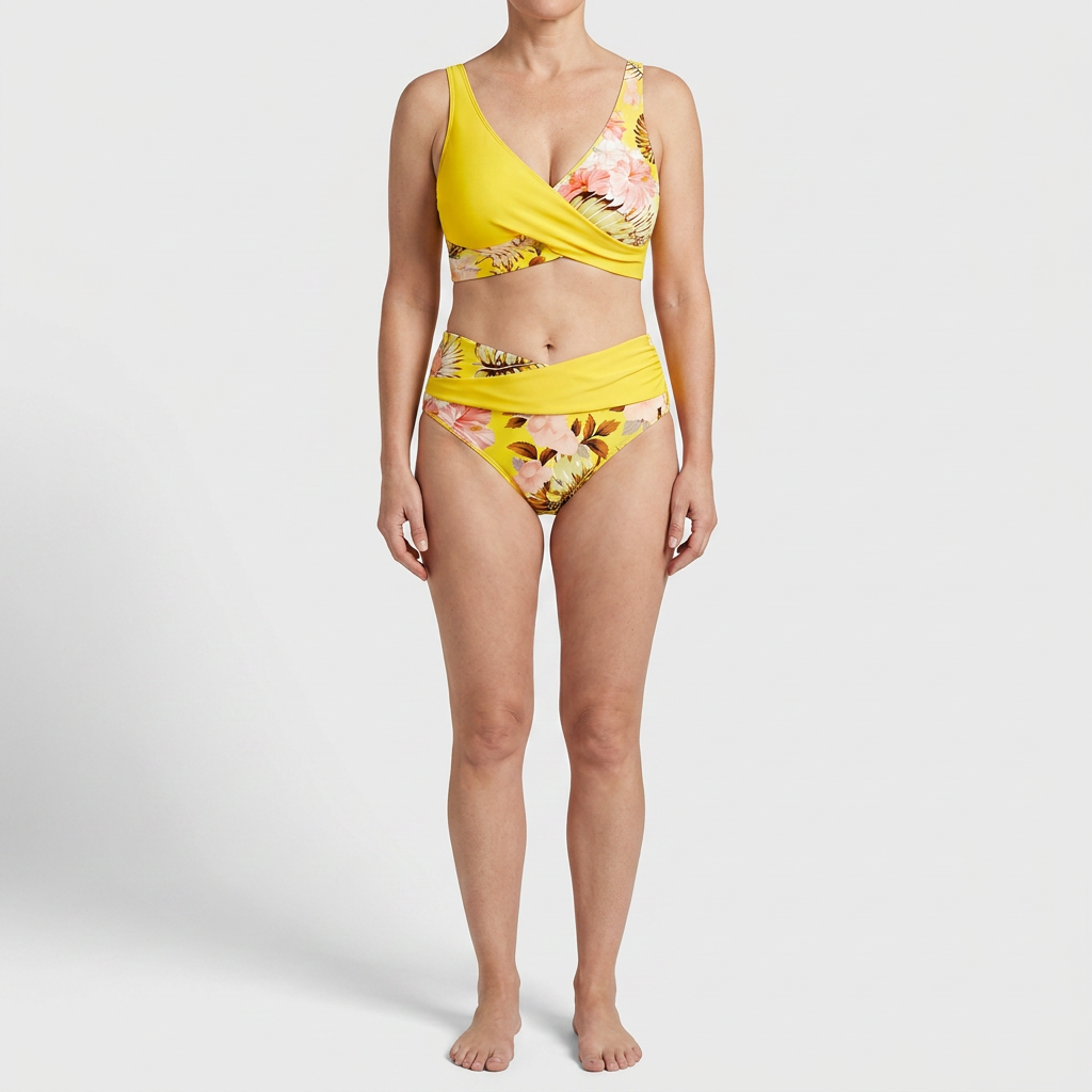 Kukka - Bikini kukallisella kuviolla ja kontrastisella leikkauksella