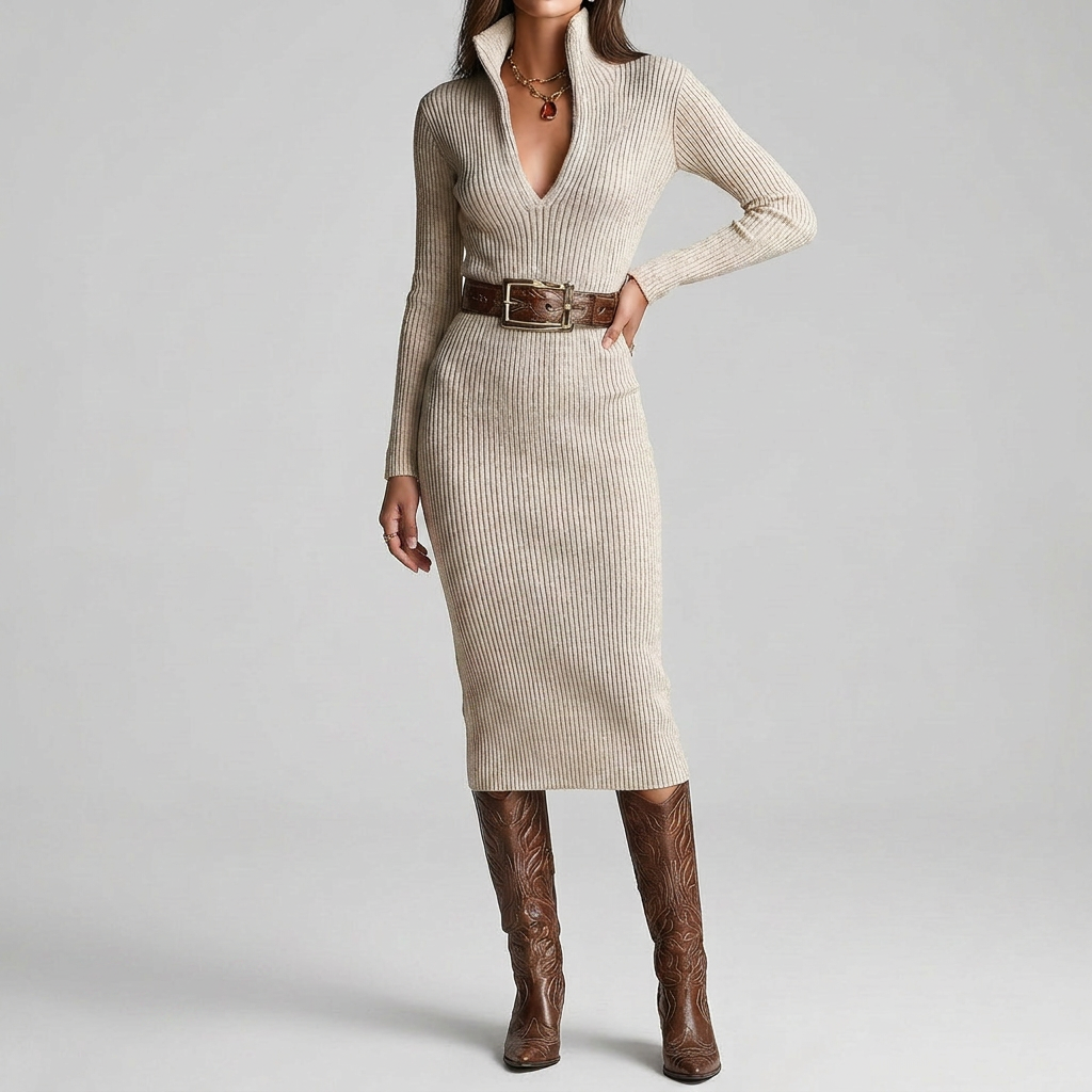 Leena - Midi-neulemekko V-pääntiellä slim fit -leikkauksella