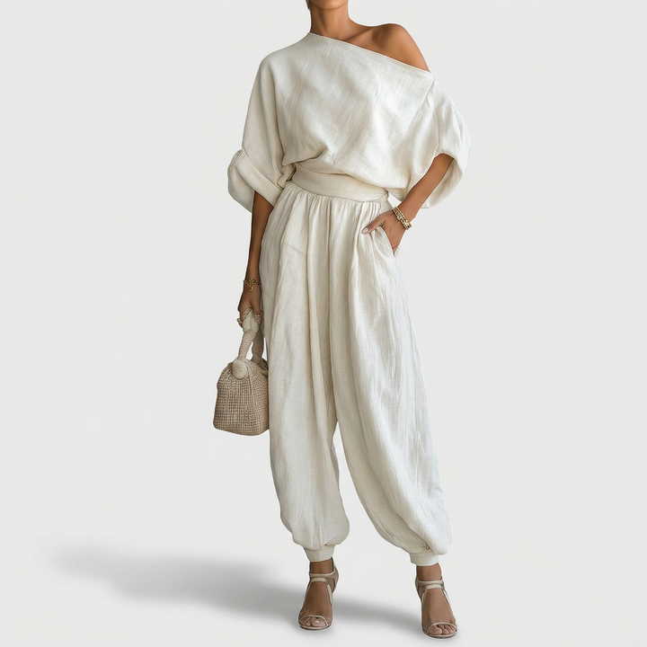 Ritva - Pellavapuku off-shoulder-housuilla
